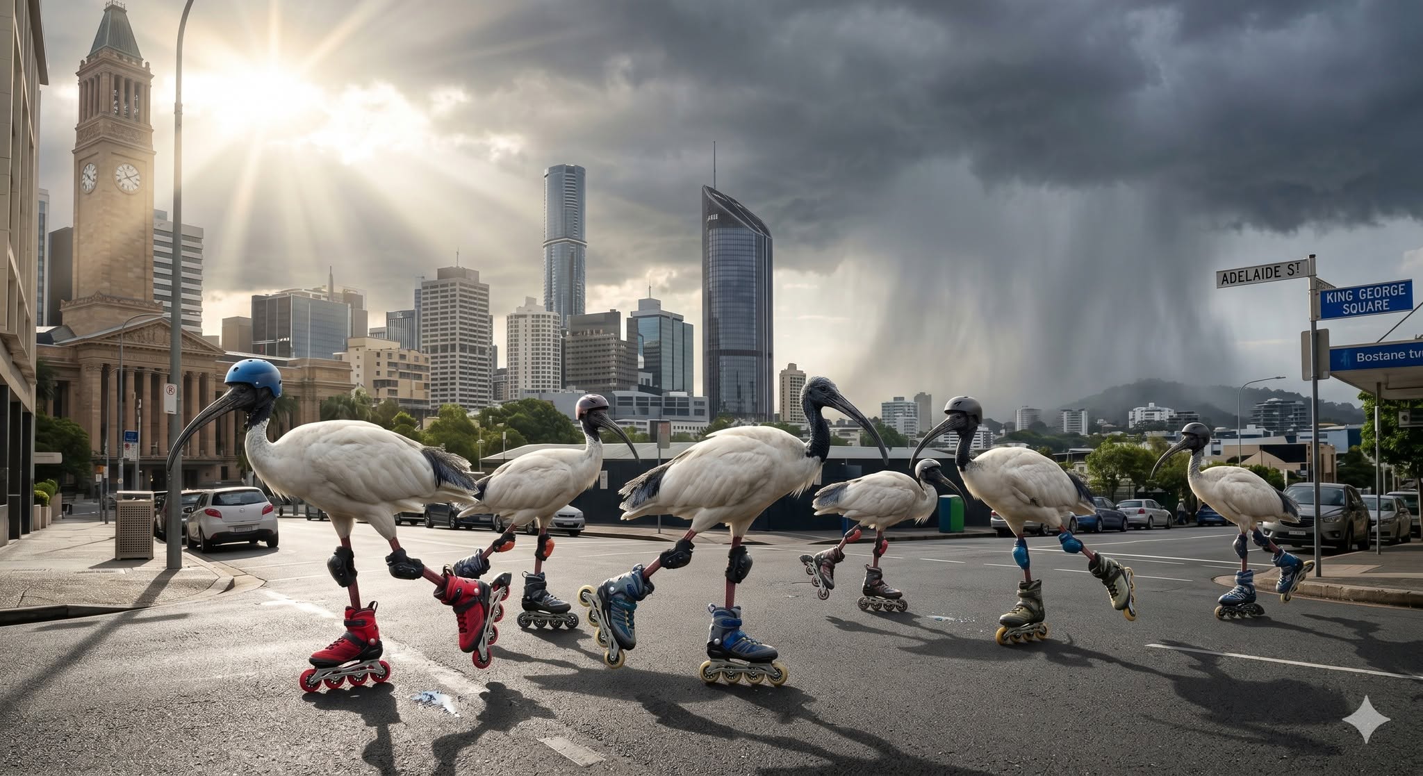 Creative Brisbane city scene showing ibis birds wearing inline skates
